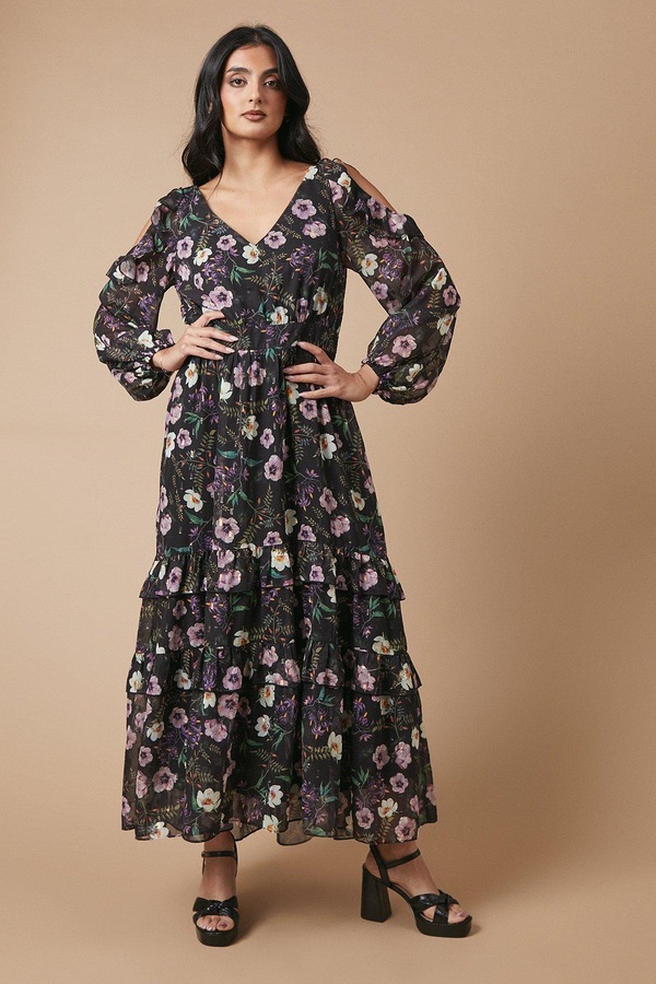 Oasis Occasion Floral Printed Metallic Cold Shoulder Midaxi Dress