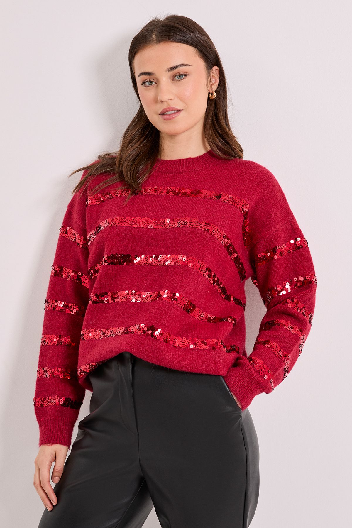 Dorothy Perkins Cranberry Sequin Stripe Jumper Cranberry image 1