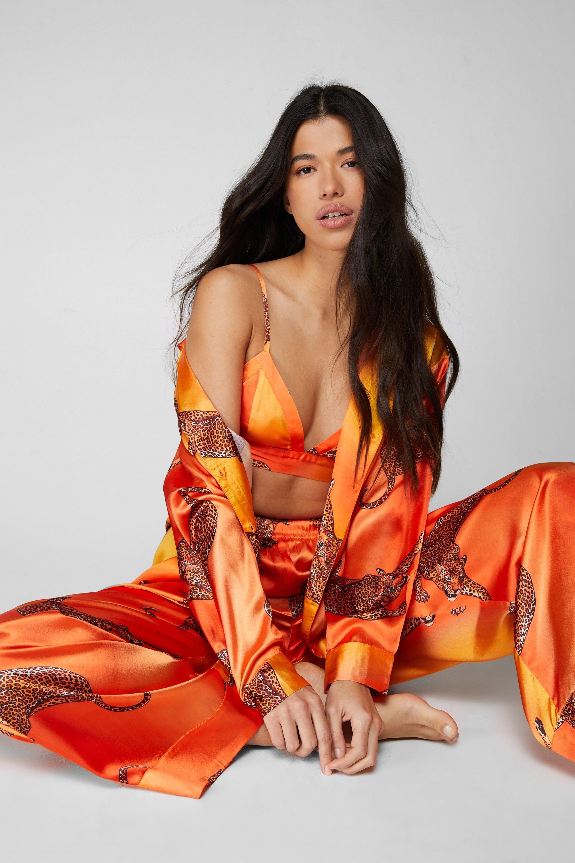 NastyGal Satin Leopard 3pc Shirt Bralette & Pants Pajama Set Orange image 2