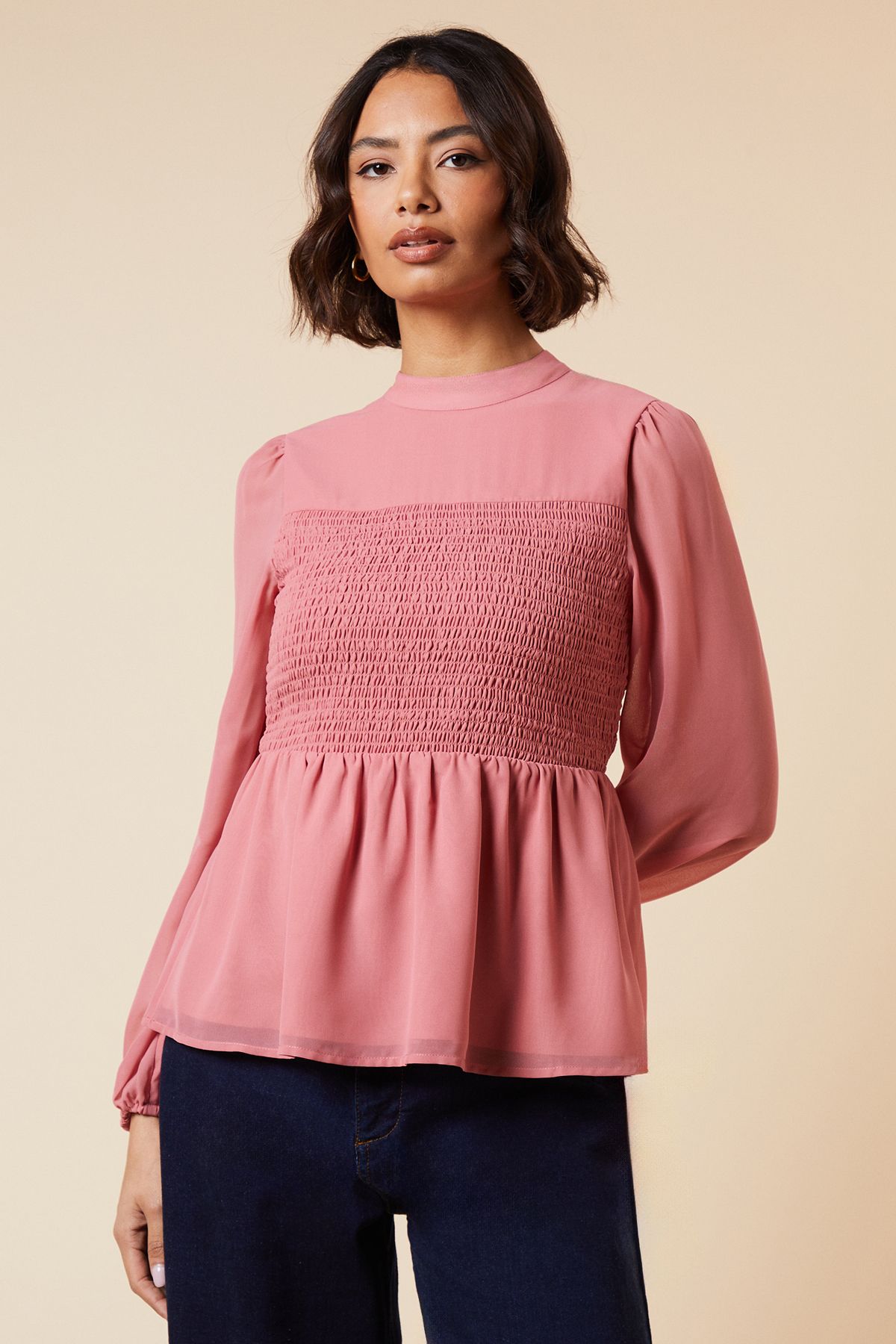 Dorothy Perkins Shirred Front And Back Long Sleeve Blouse Dusky Pink image 1