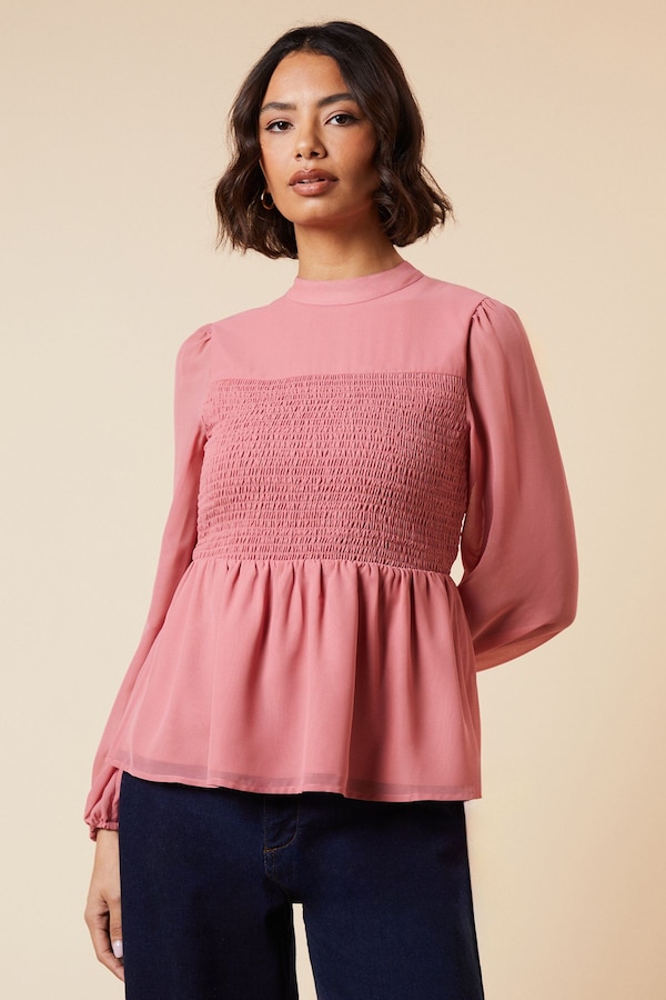 Dorothy Perkins Shirred Front And Back Long Sleeve Blouse Dusky Pink
