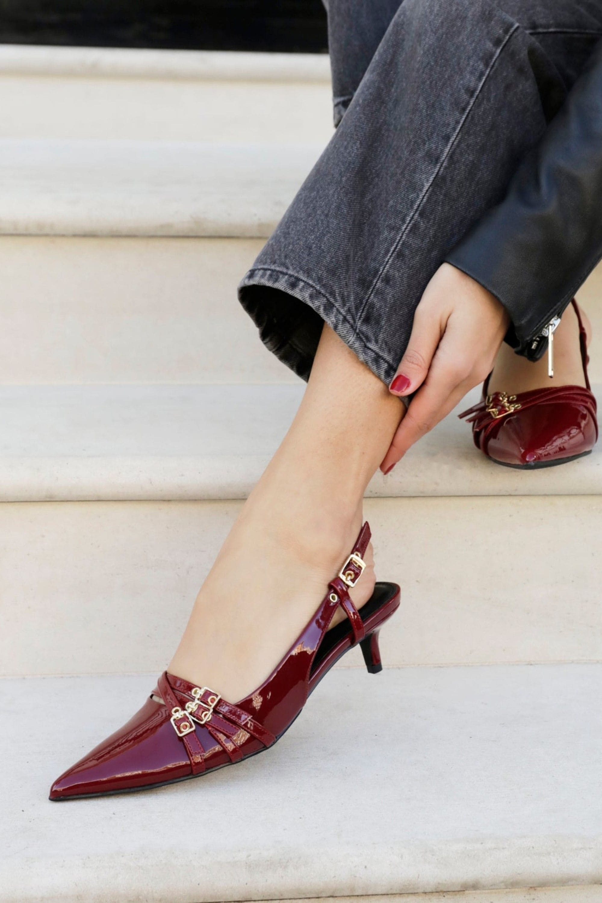 Linzi Retro Burgundy Patent Kitten Court Heels image 6