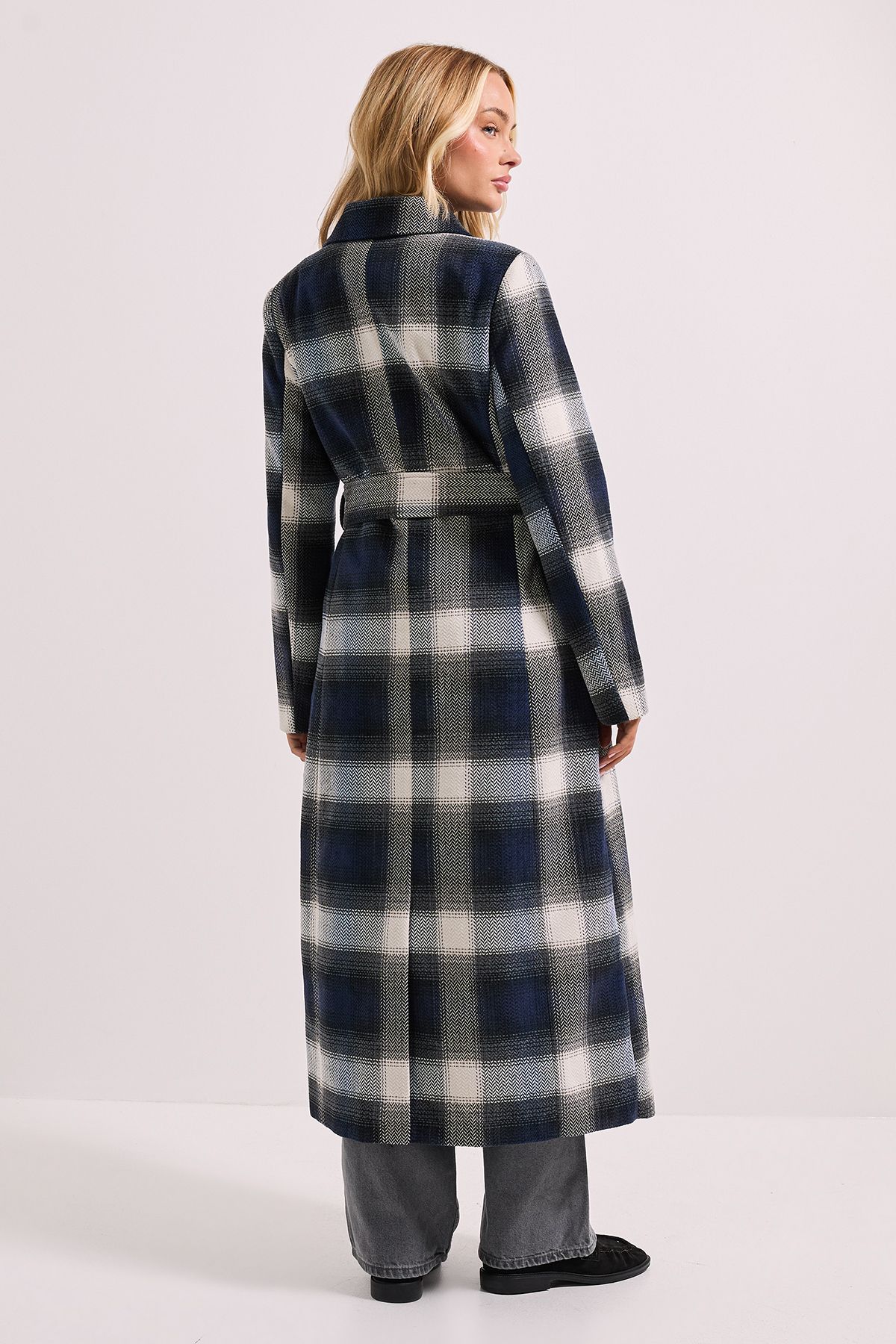 Dorothy Perkins Check Detail Fur Cuff Detail Belted Coat Navy image 3