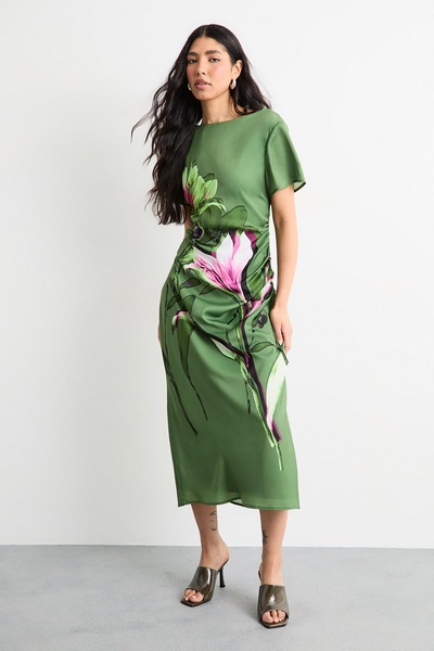 Warehouse Floral Printed Drawstring Waist Short Sleeve Midi Dress Green
