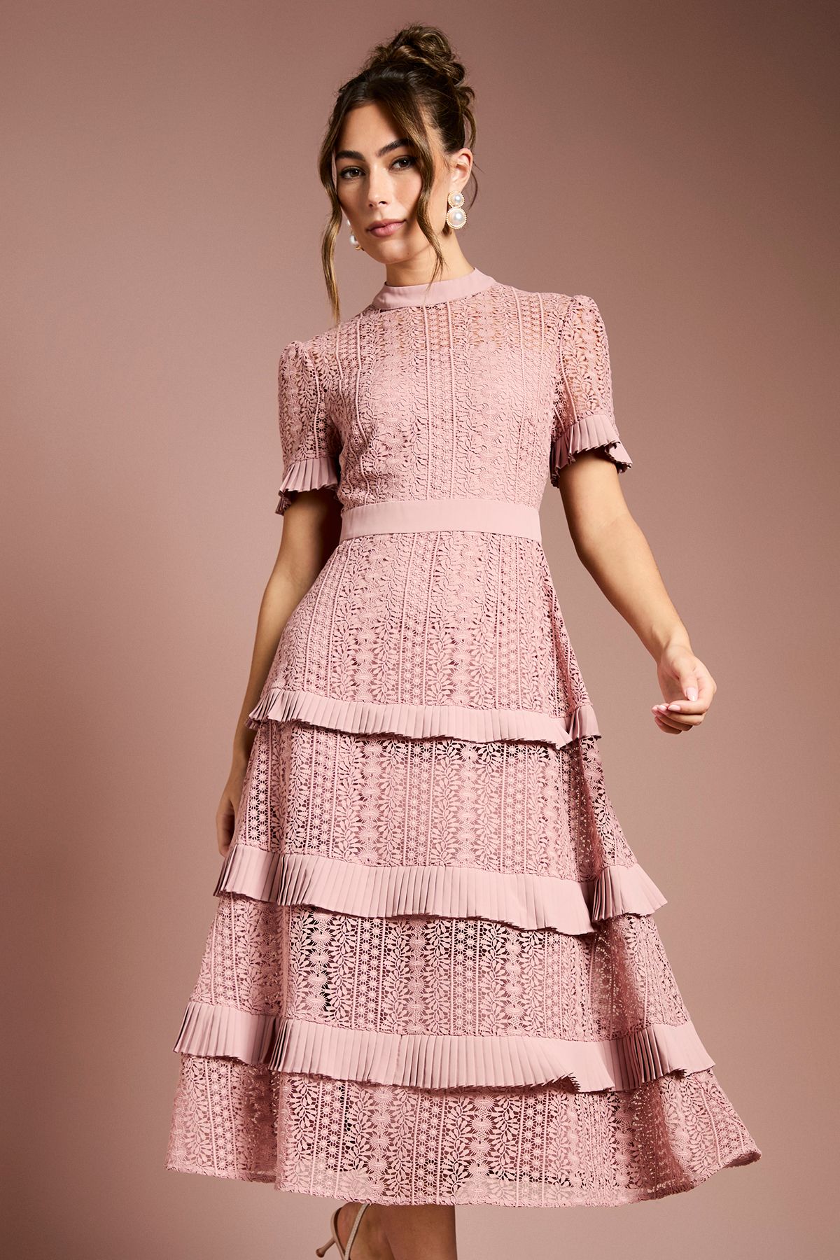 Coast Tiered Lace Short Sleeve Midi Dress Blush image 1