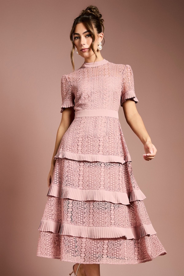 Coast Tiered Lace Short Sleeve Midi Dress Blush