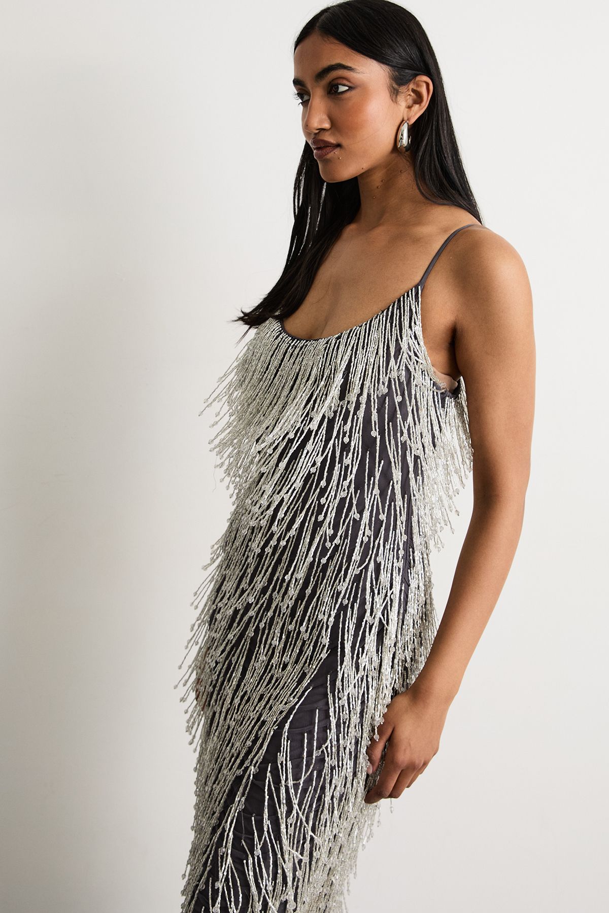 Warehouse Hand Embellished Sequin Tassel Midi Dress Gun Metal image 2