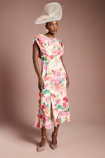 Coast Cap Sleeve Floral Chiffon Midi Dress Ivory