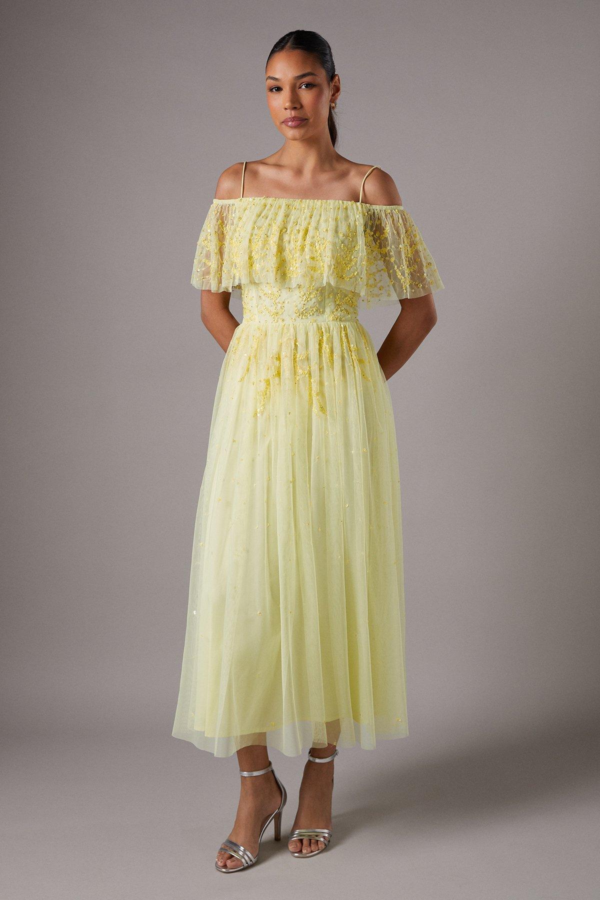 Coast Sequin Mesh Midi Dress With Flutter Sleeves Lemon image 1