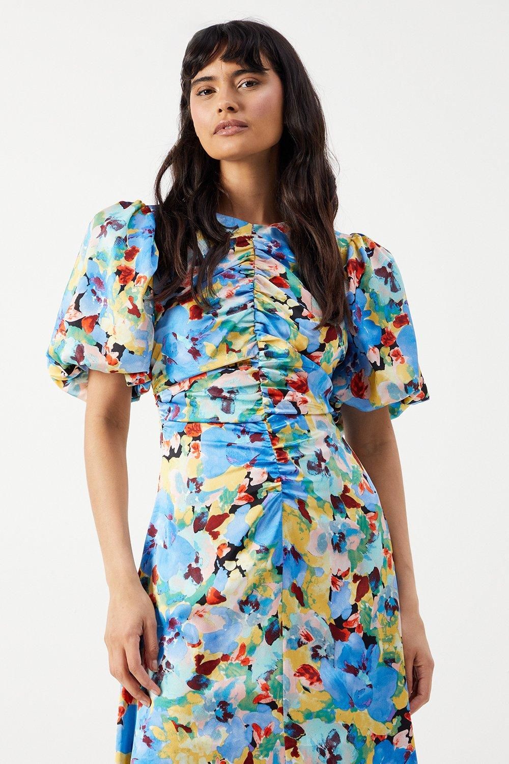 Warehouse Satin Ruched Front Puff Sleeve Midi Dress Floral image 2