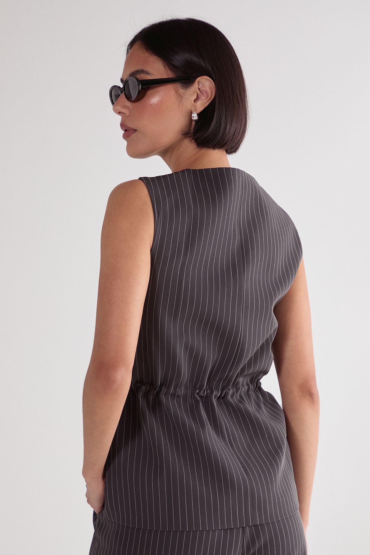 NastyGal Pinstripe Ruched Tie Front Waistcoat Grey image 4