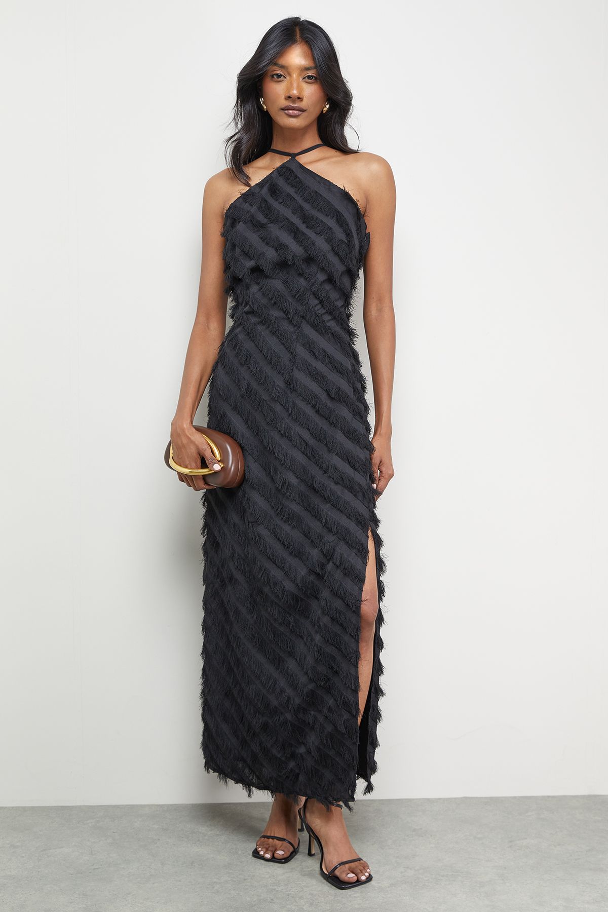 Warehouse Diagonal Fluffy Halter Maxi Dress Black