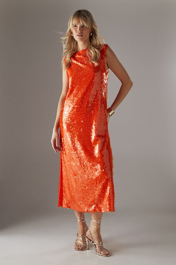 Warehouse Sequin Shoulder Pad Sleeveless Column Midi Dress Mango