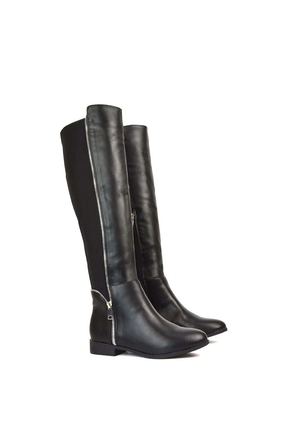 XY London 'Sutton' Zip Up Flat Heel Knee High Boots With Stretchy Calf image 6