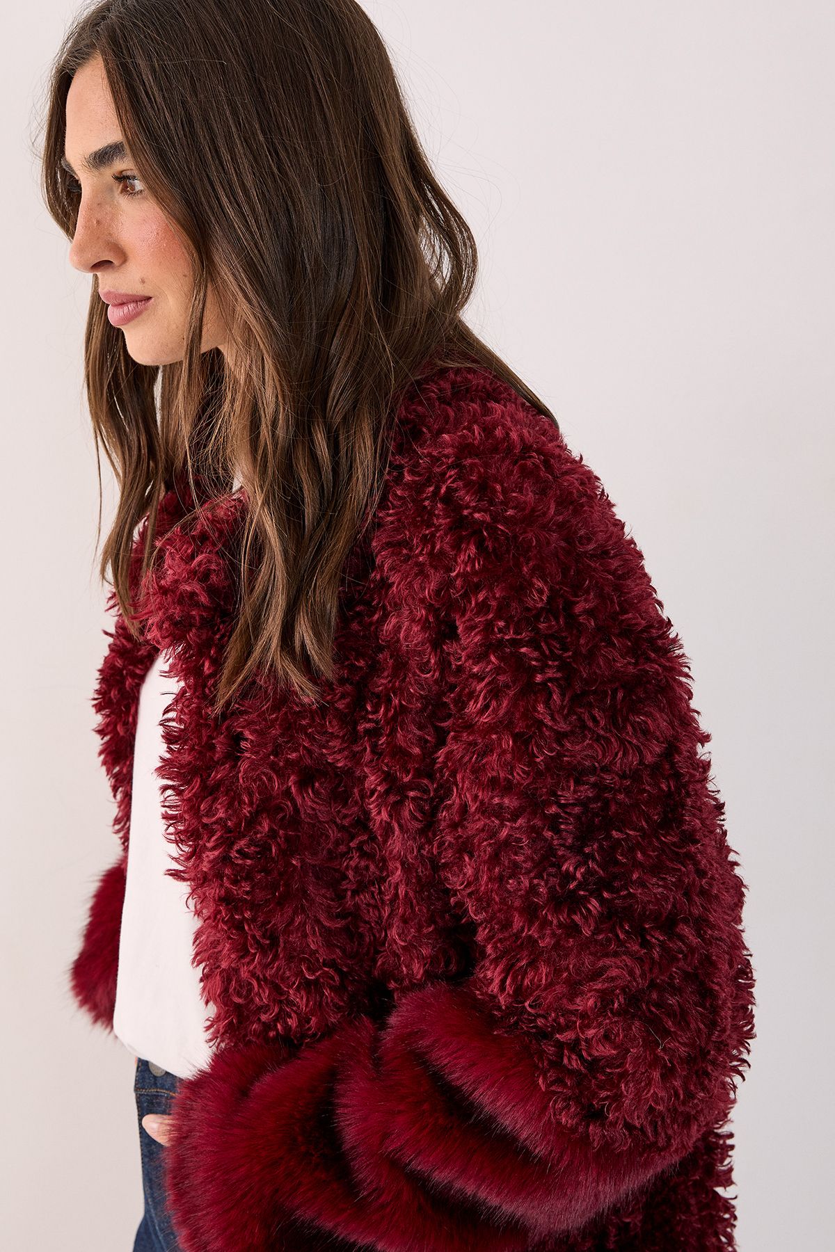 NastyGal Mixed Faux Fur Borg Coat Burgundy image 2
