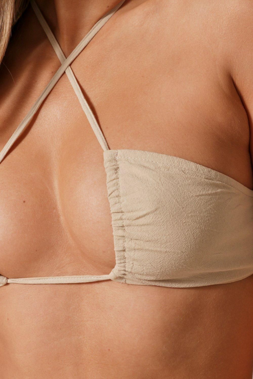 MissPap Textured Linen Halter Neck Ruched Crop Top Stone image 5