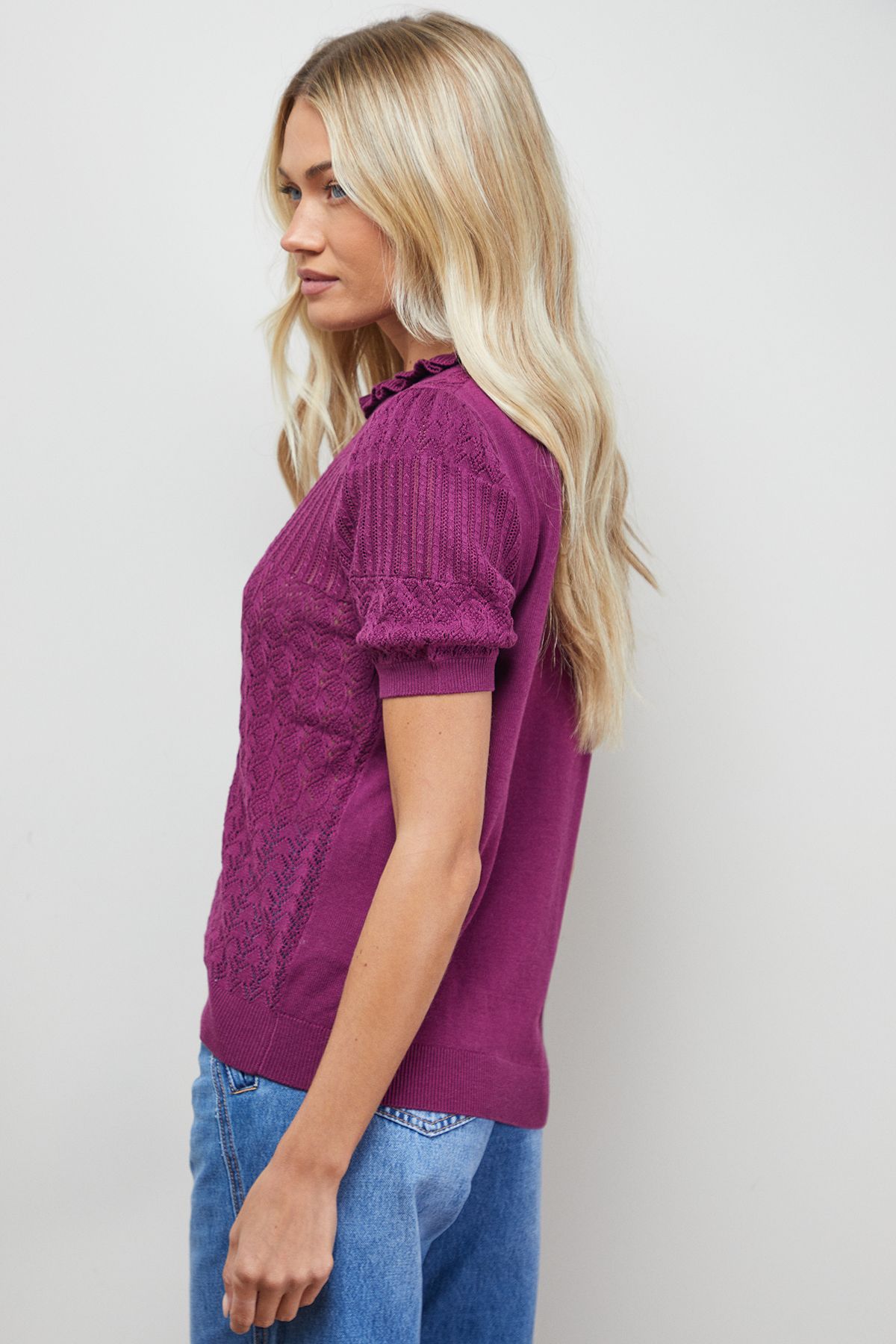 Oasis Puff Sleeve Ruffle Neck Short Sleeve Jumper Plum image 3