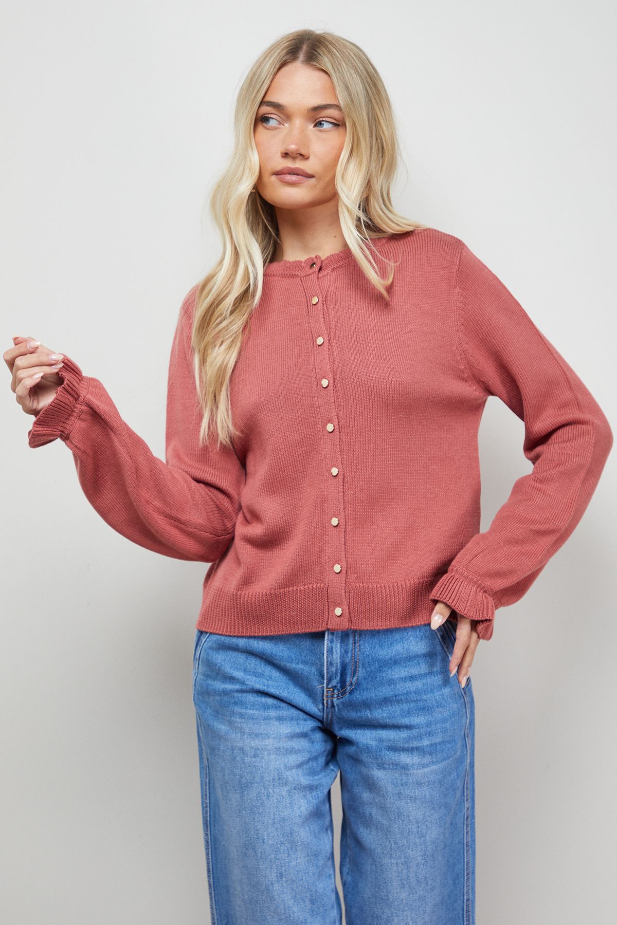 Oasis Ruffle Detail Cropped Cardigan Desert Rose image 4