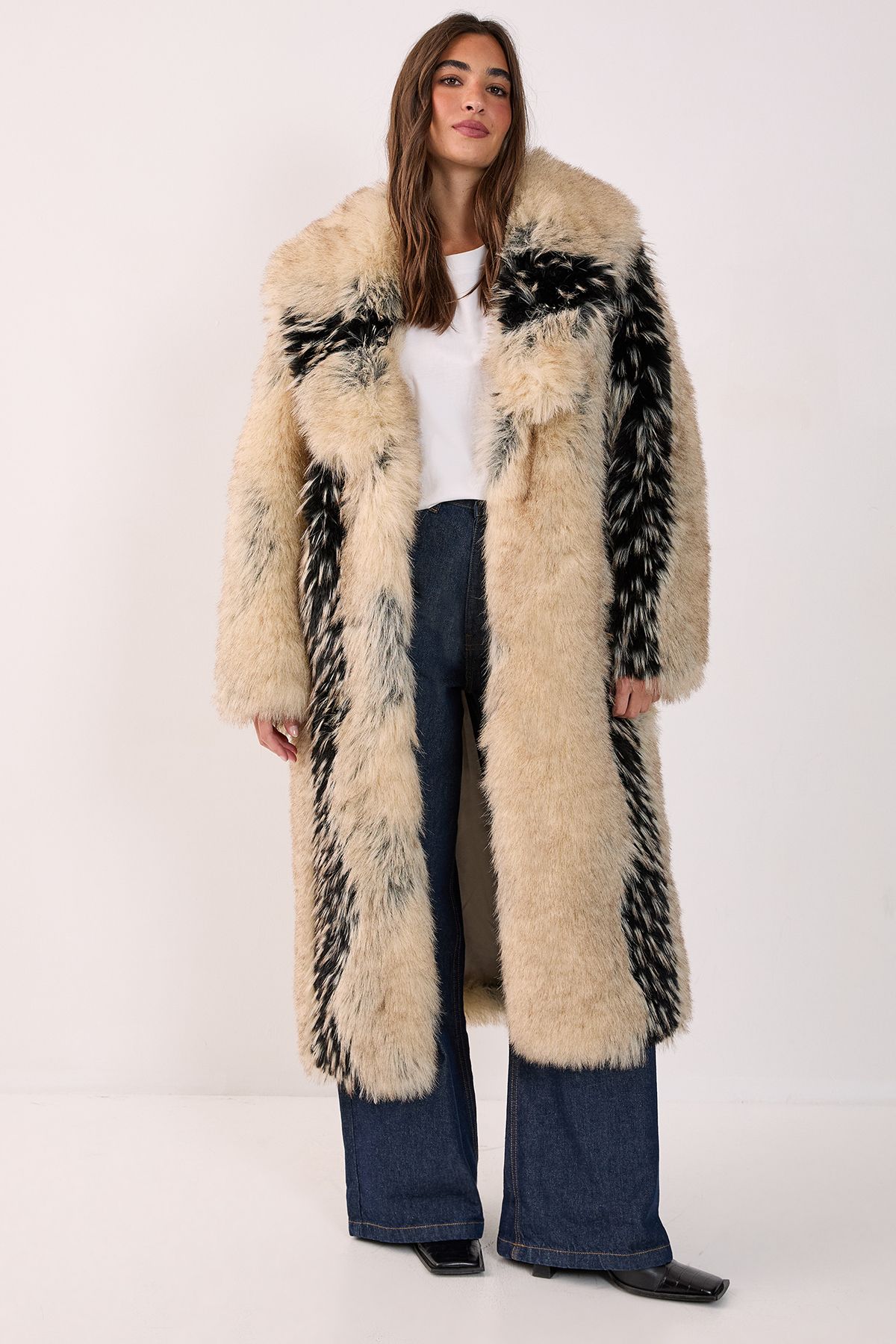 NastyGal Premium Stripe Faux Fur Longline Coat Brown image 3