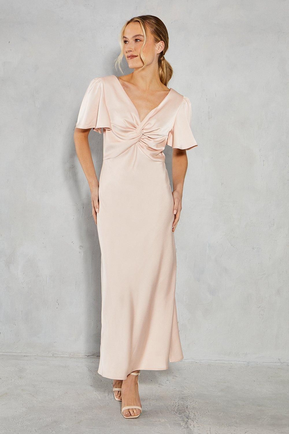 Oasis Satin Twist Front Angel Sleeve Midi Bridesmaid Dress Blush