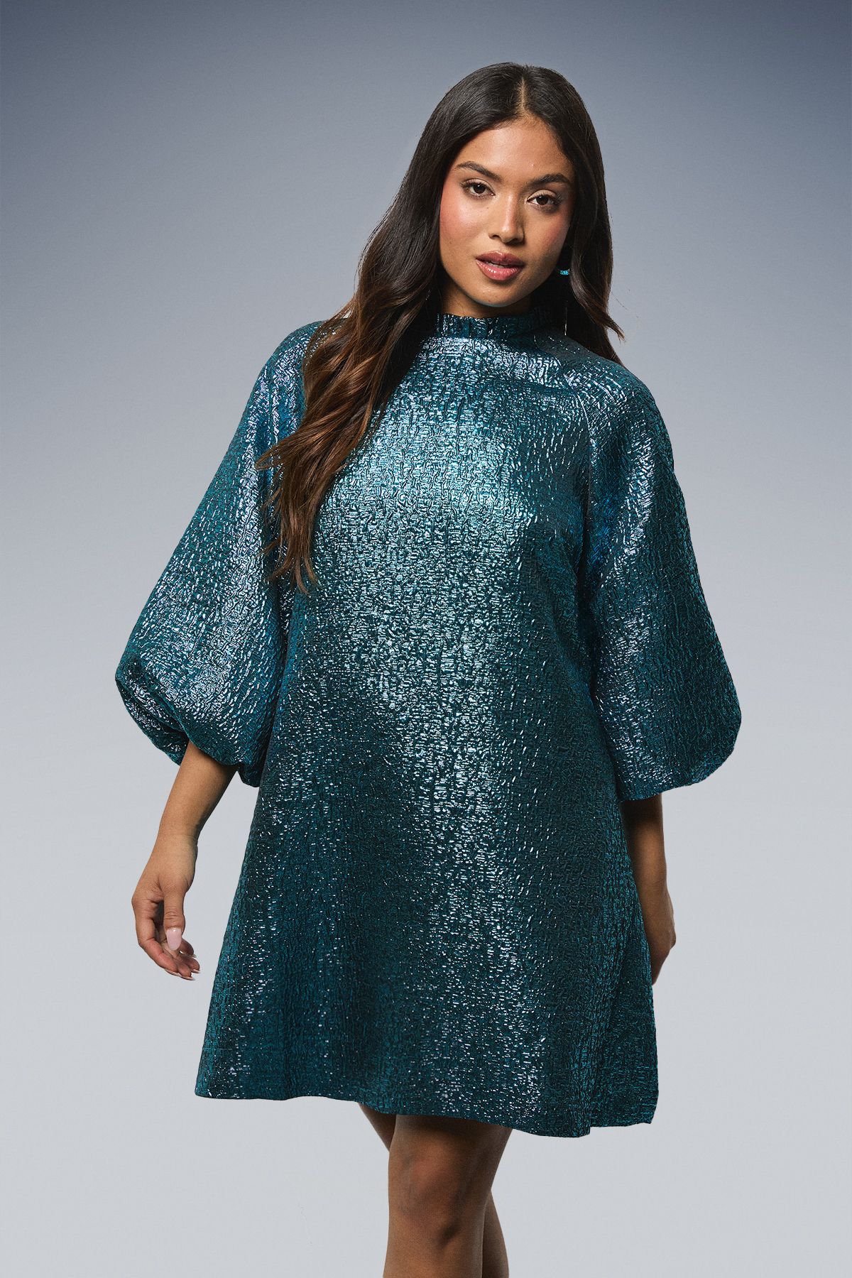 Dorothy Perkins Petite DP Luxe Metallic Jacquard Blouson Sleeve Mini Dress Blue image 2