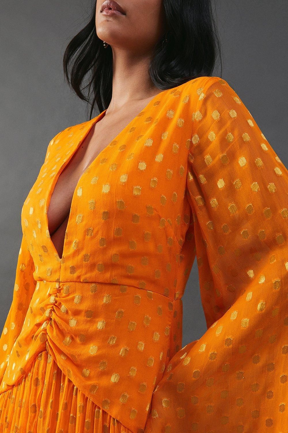 Warehouse Metallic V Plunge Kimono Sleeve Maxi Dress Orange image 2