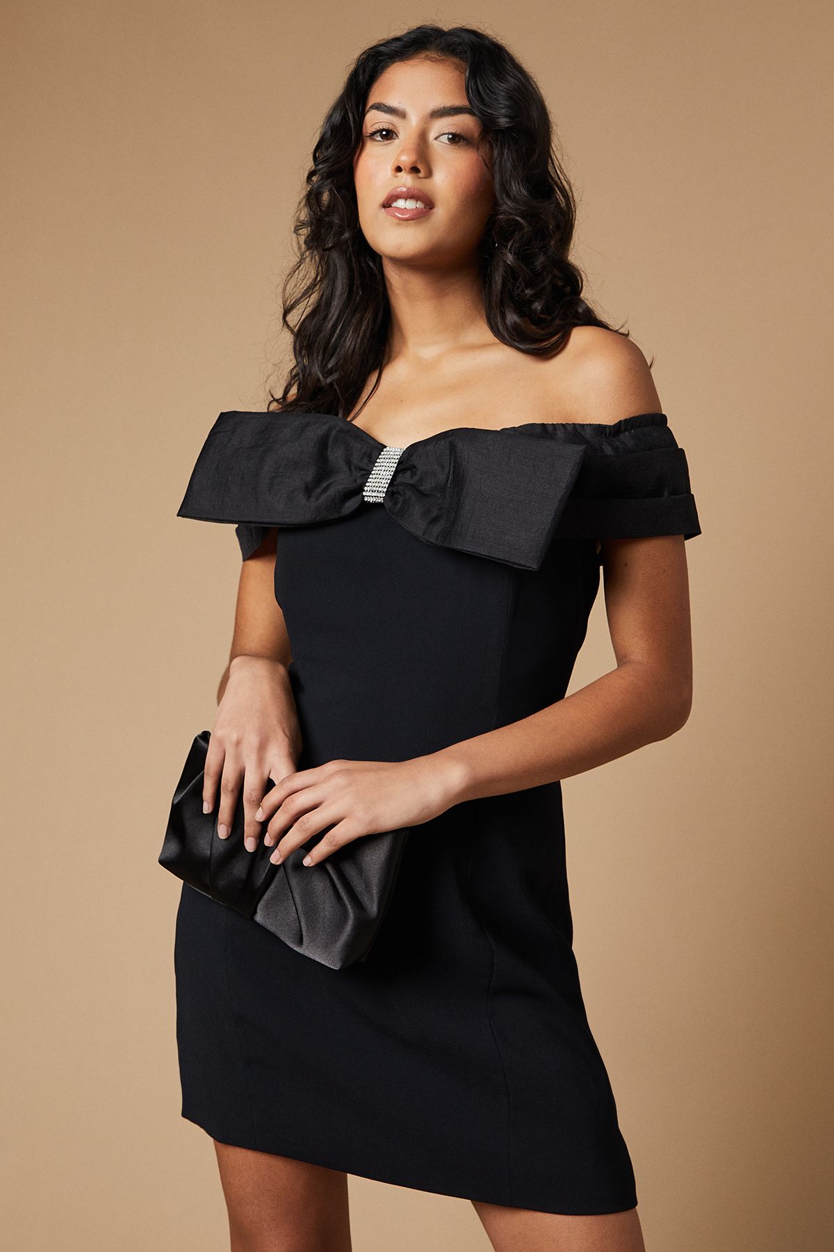 Oasis Petite Occasion Organza Bardot Bow Mini Dress Black image 1