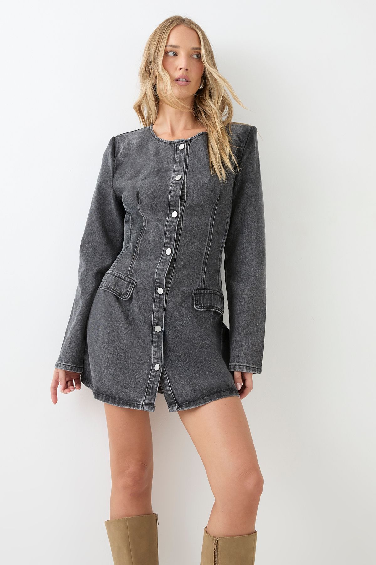 MissPap Button Down Long Sleeve Denim Dress Black image 1