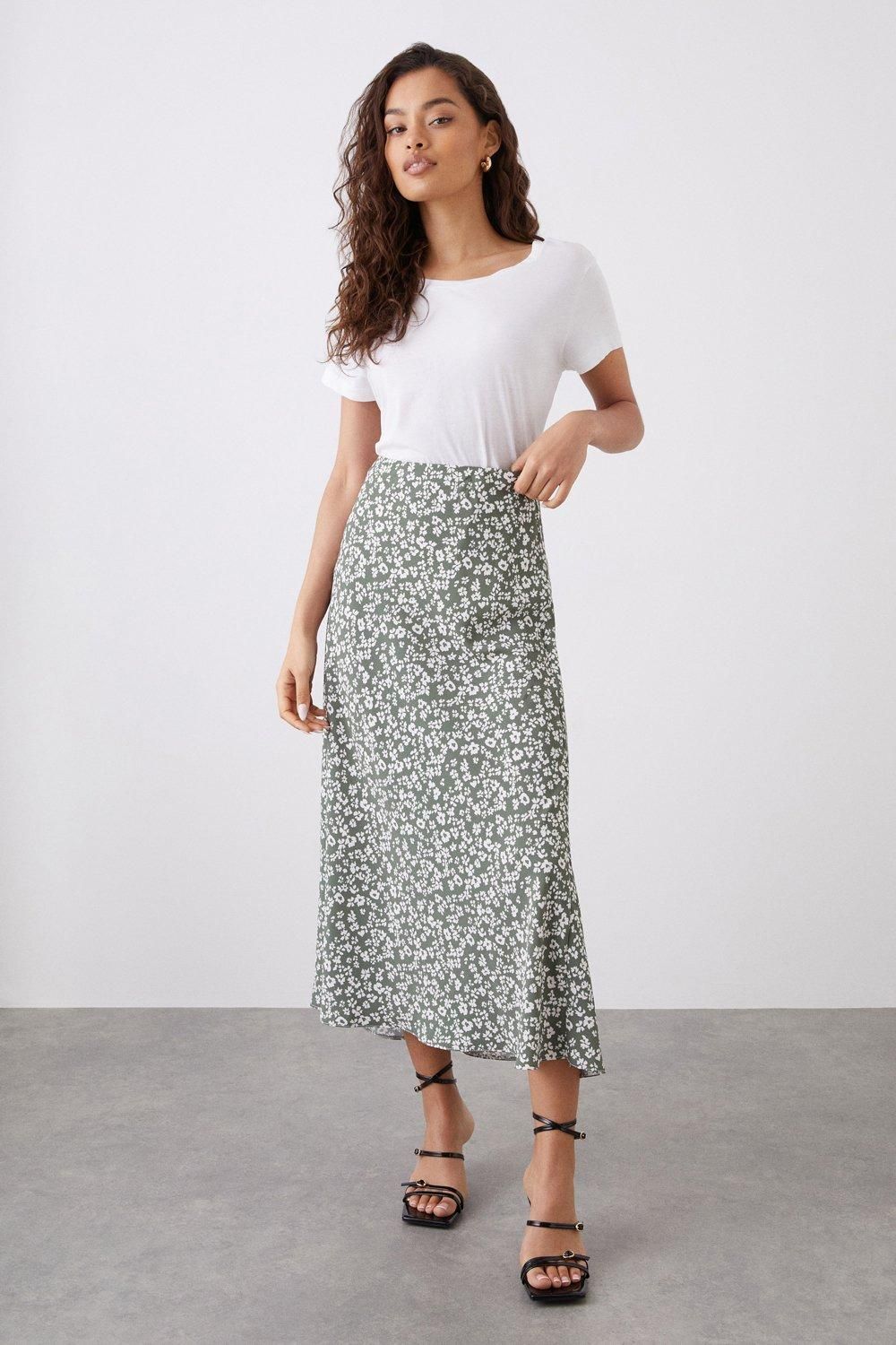Dorothy Perkins Petite Ditsy Bias Midi Skirt Khaki image 2