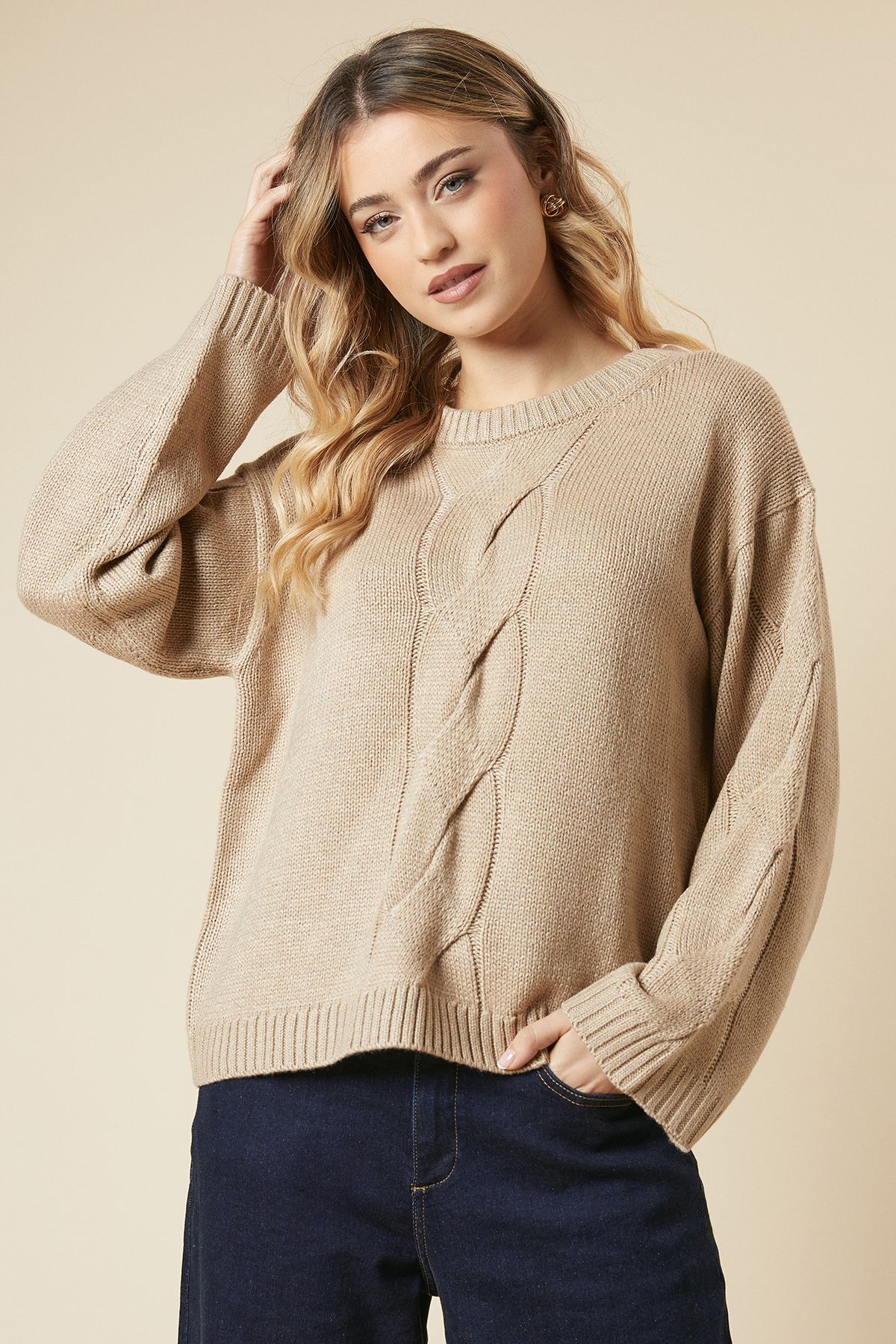 Dorothy Perkins Centre Front Cable Design Crew Neck Jumper Oatmeal image 1