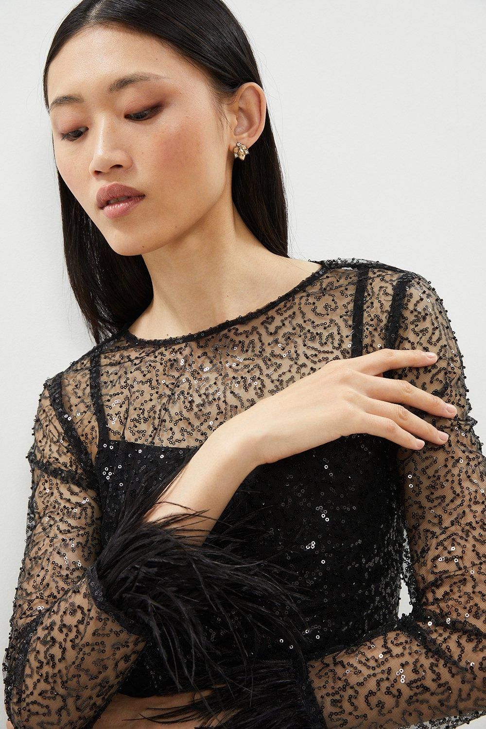 Coast Feather Cuff Sequin Top Black image 2