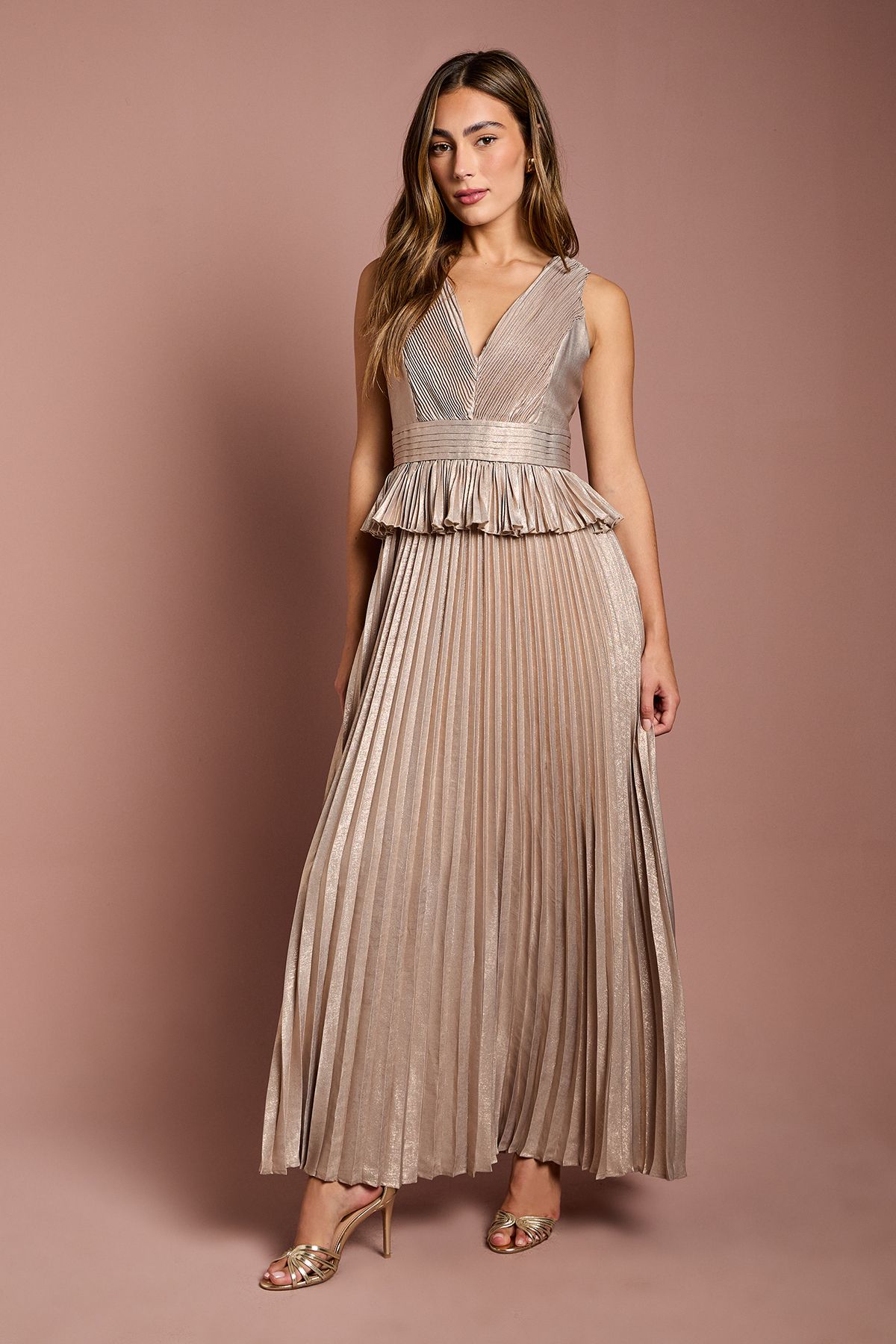Coast Sleeveless Metallic Pleated Maxi Dress With Peplum Gold