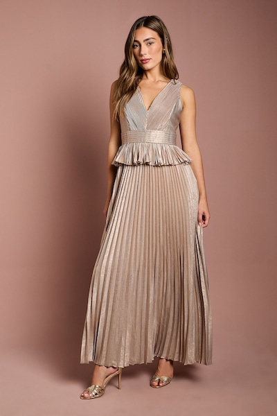 Coast Sleeveless Metallic Pleated Maxi Dress With Peplum Gold