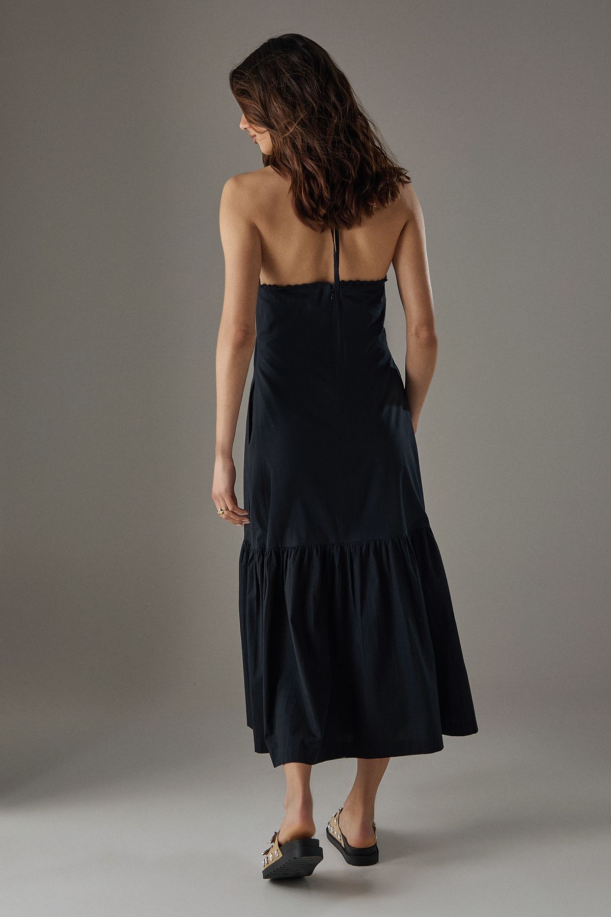 Warehouse Poplin Crochet Trim Drop Waist Midi Sundress Black image 4