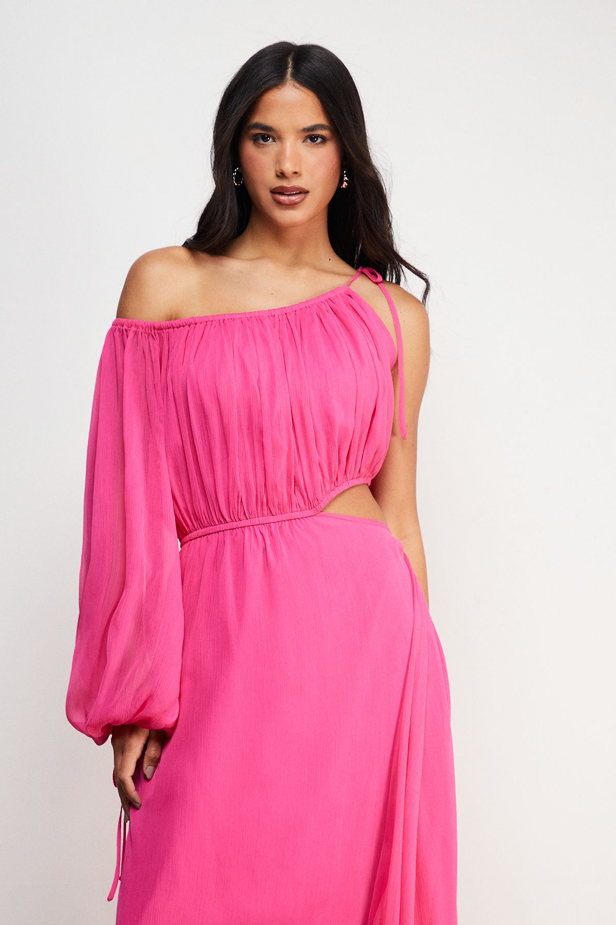 Warehouse Chiffon One Shoulder Balloon Sleeve Cut Out Midi Dress Bright Pink image 4