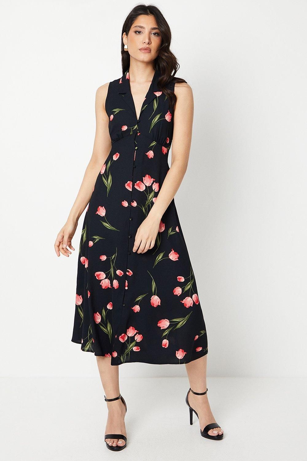 Dorothy Perkins Black Floral Button Through Midi Dress Black image 1