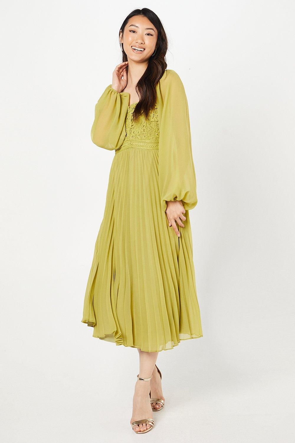 Coast Lace Pleated Midi Wedding Guest Dress Olive image 1
