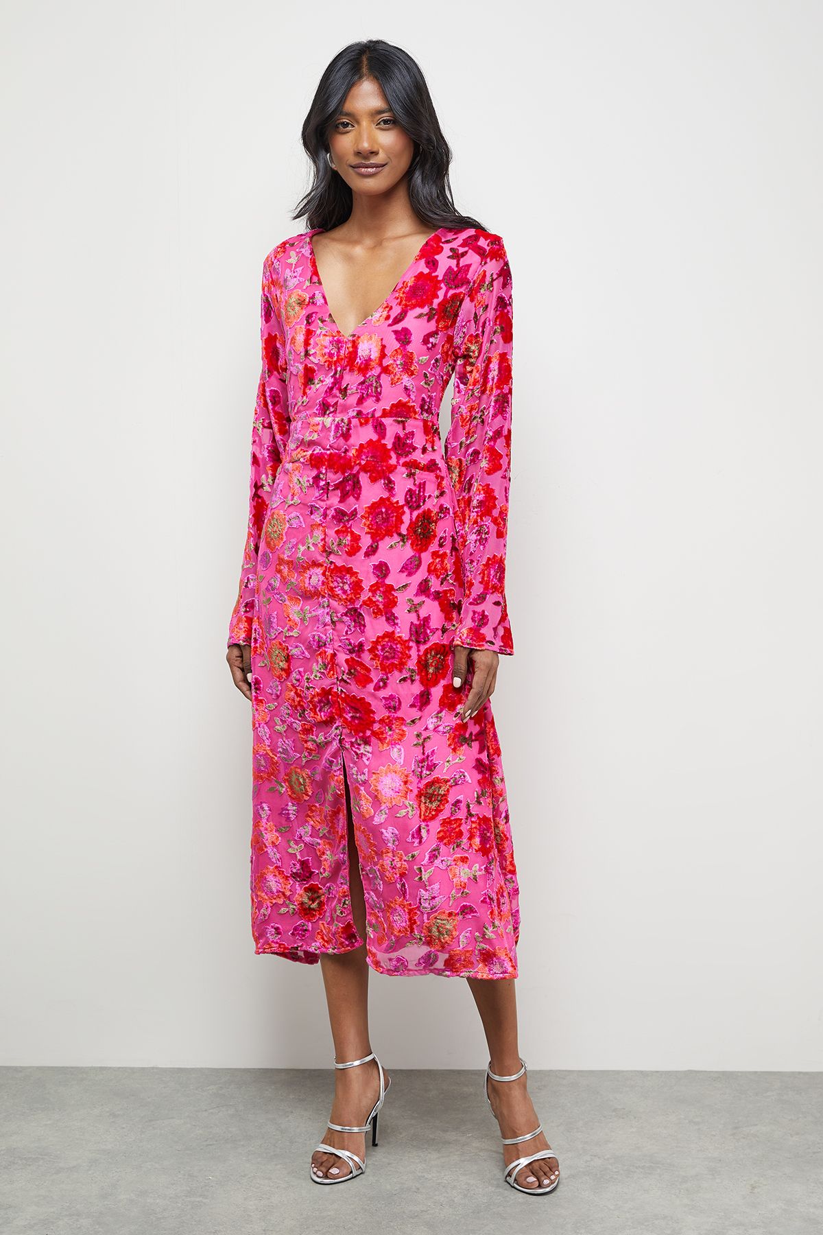 Warehouse Devore Plunge Neck Waisted Midi Dress Pink image 2