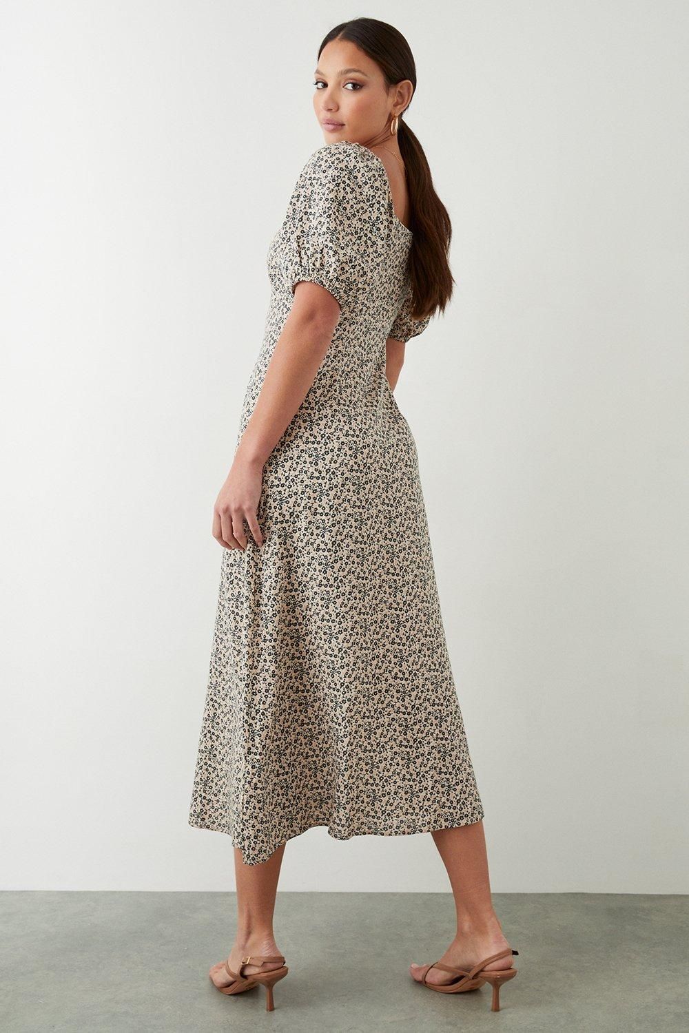 Dorothy Perkins Ditsy Floral Ruched Scoop Neck Midi Dress Ivory image 3