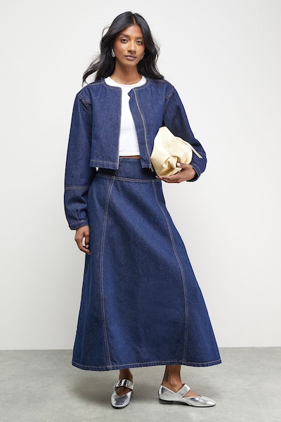 Warehouse Denim Bubble Midi Skirt Dropped Waist Co-ord Indigo