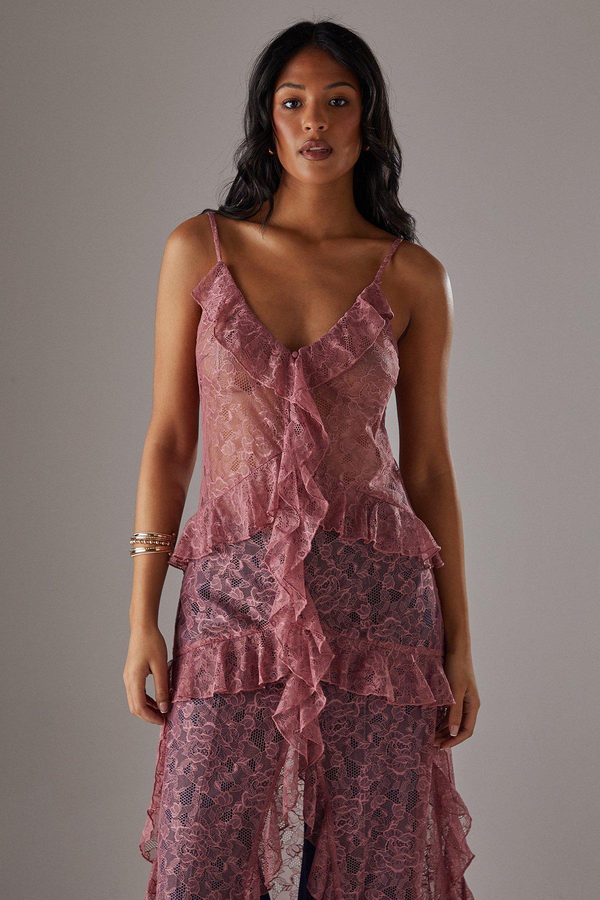 Warehouse Lace Ruffle Front Maxi Strappy Top Rose image 2