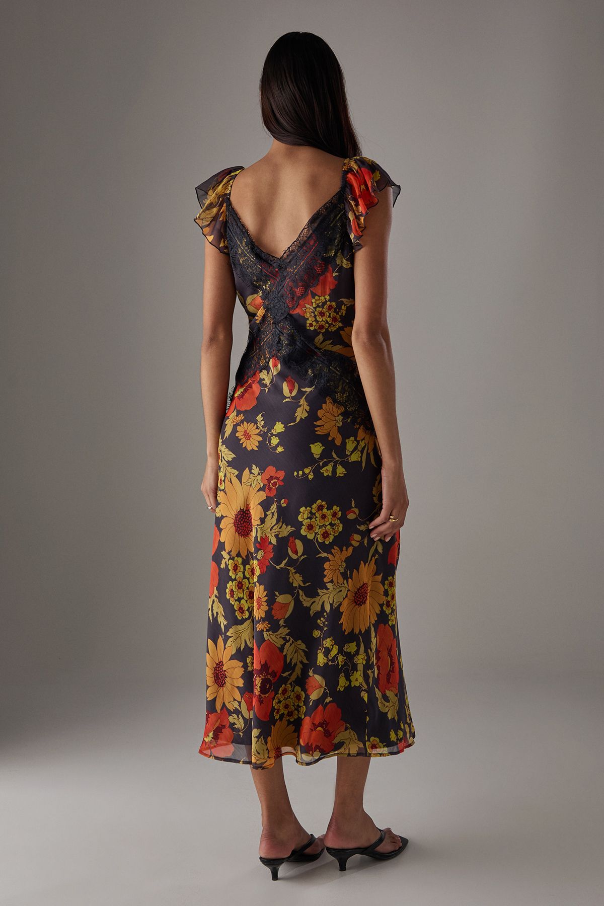 Warehouse HCD Chiffon Lace Insert Frill Sleeve Midi Dress Floral image 3