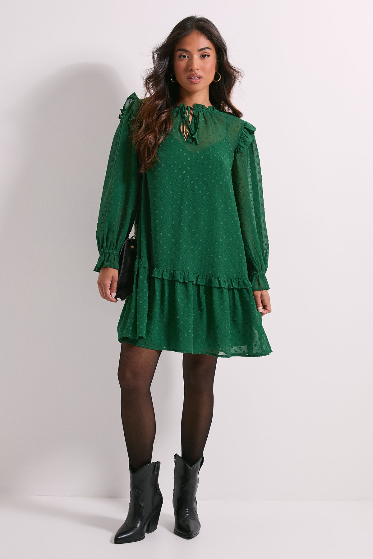 Dorothy Perkins Petite Tiered Hem Tie Neck Shift Dress Green image 1