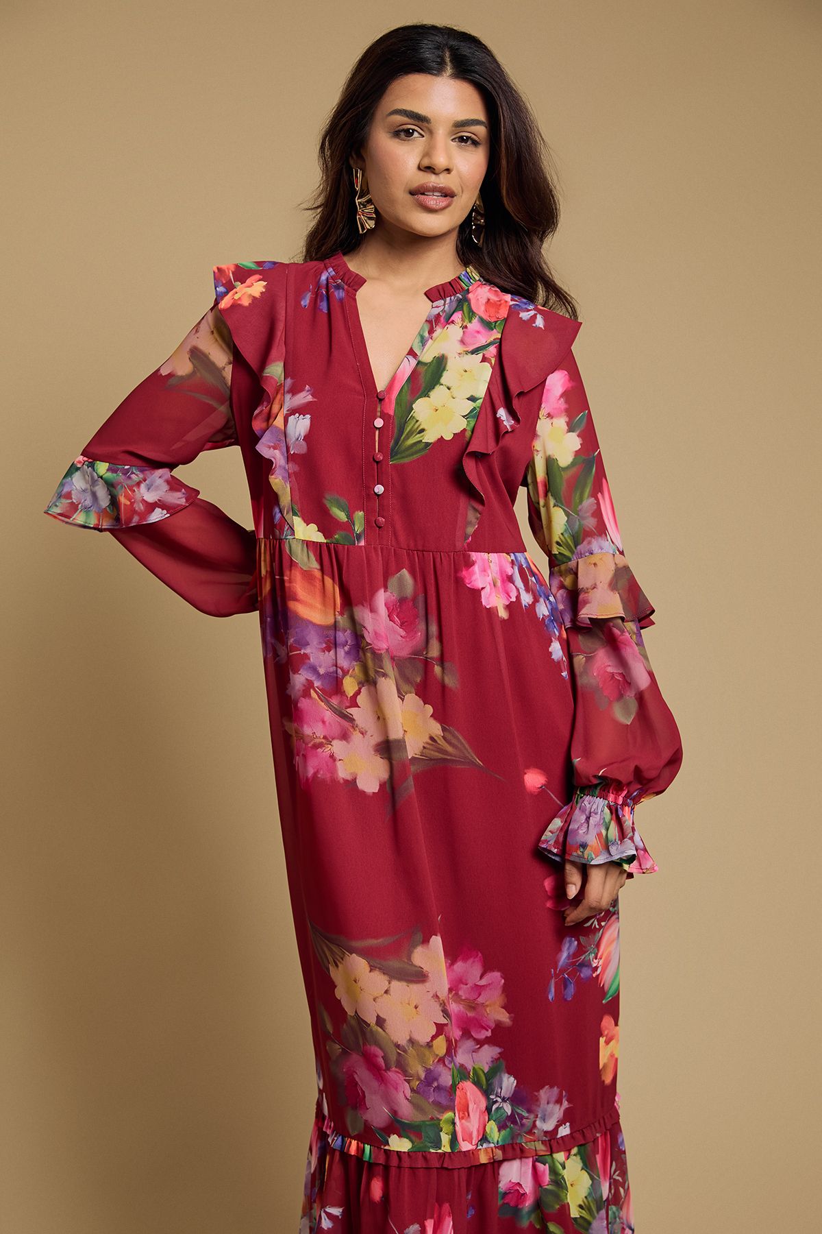 Oasis Petite Long Sleeve Ruffle Chiffon Tiered Maxi Dress Red image 2