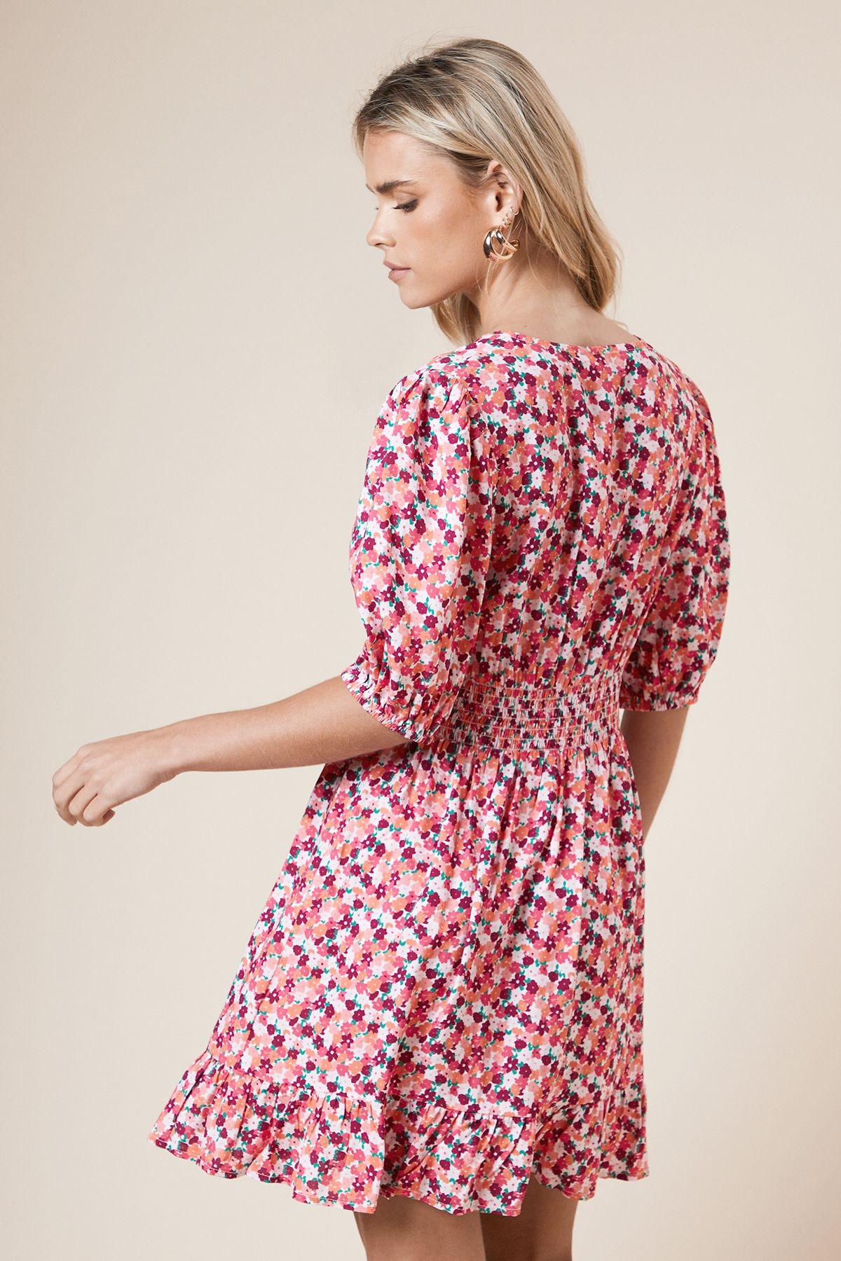 Dorothy Perkins Petite Floral Tie Front Frill Sleeve Mini Dress Pink image 3