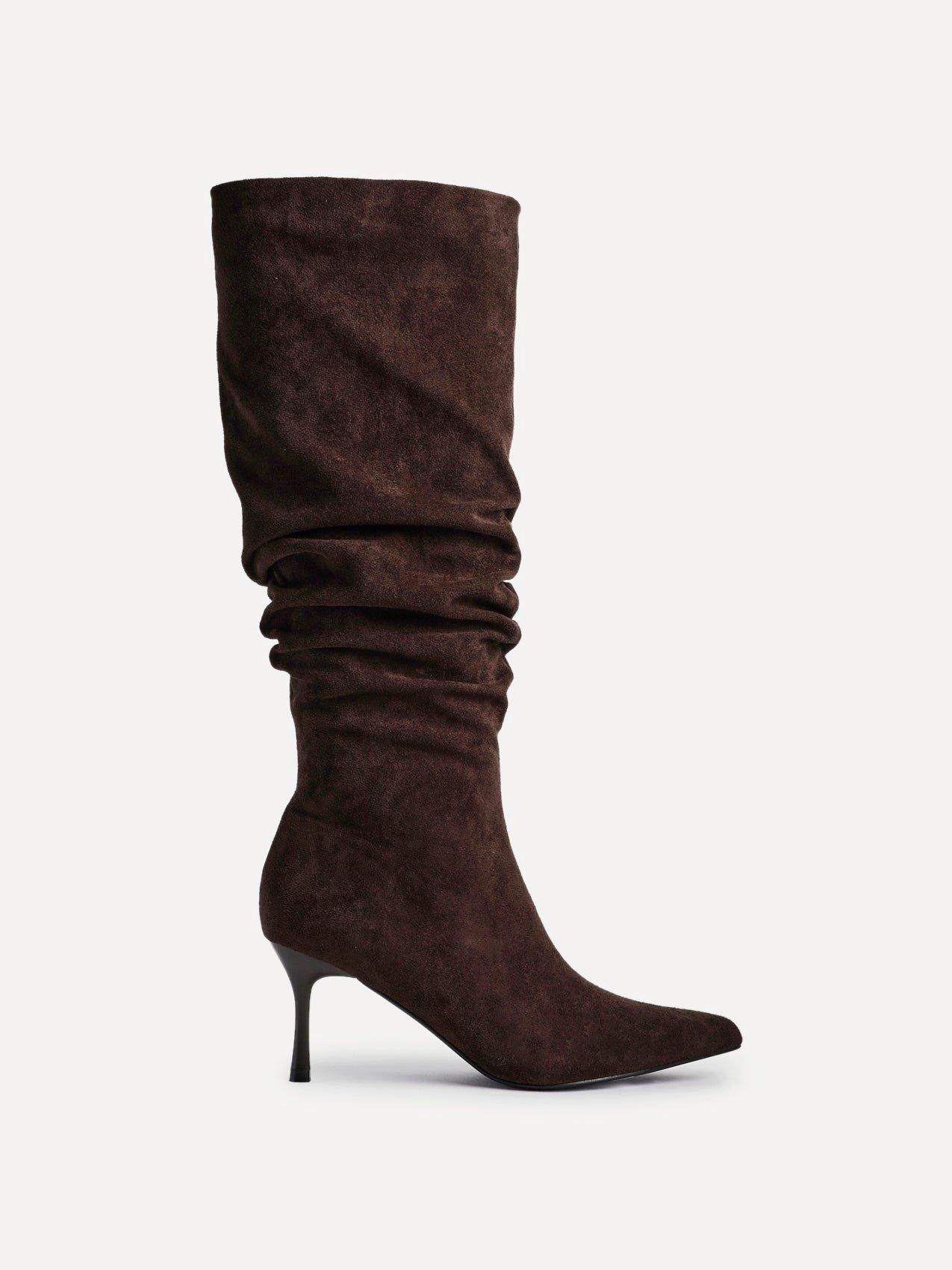 Linzi Rosenna Brown Suede Ruched High Leg Heeled Boot image 1
