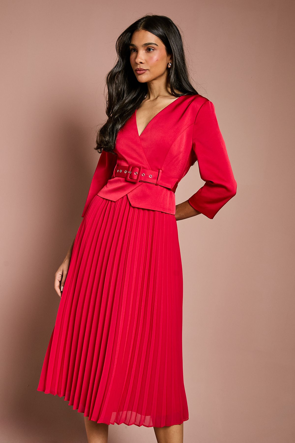 Coast Satin Bodice ¾ Sleeve Pleat Skirt Belted Midi Wedding Guest Dress Red