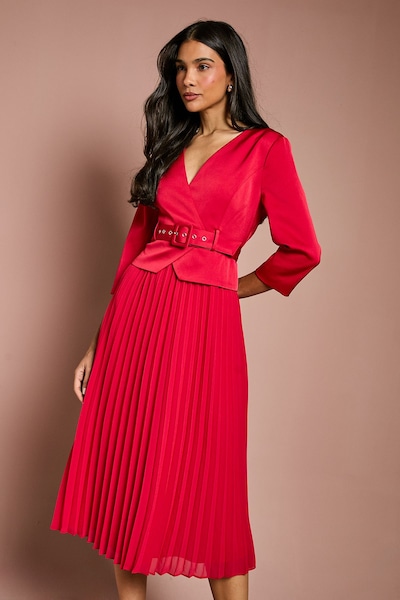 Coast Satin Bodice ¾ Sleeve Pleat Skirt Belted Midi Wedding Guest Dress Red