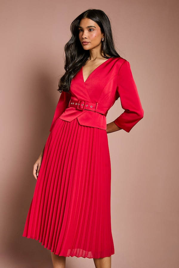 Coast Satin Bodice ¾ Sleeve Pleat Skirt Belted Midi Wedding Guest Dress Red