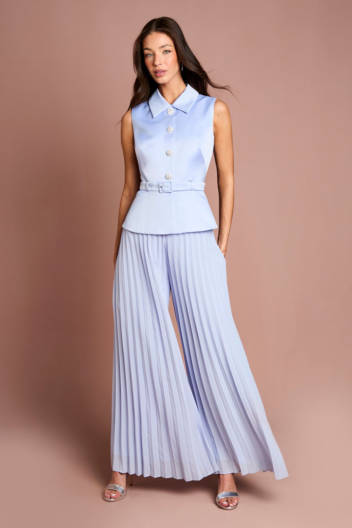Coast Collared Peplum Pleated Georgette Trouser Jumpsuit Cornflower Blue